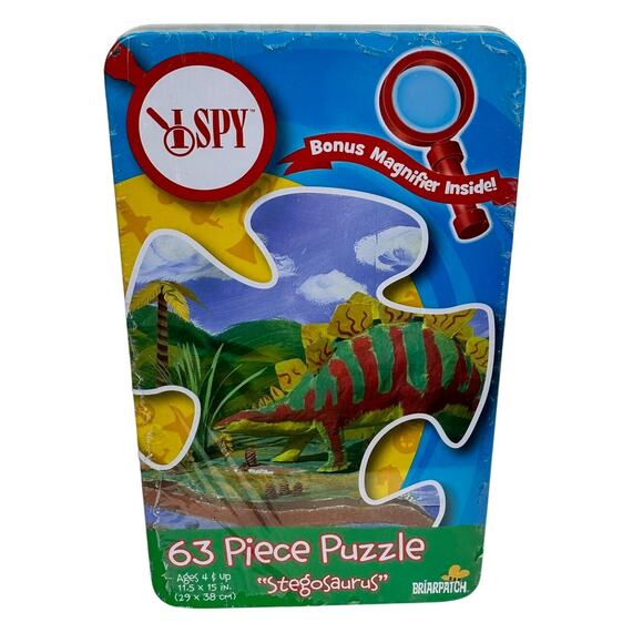 5 for $25| BriarPatch I Spy 63 Piece Stegosaurus Puzzle With Tin & Magnifier - Picture 1 of 7